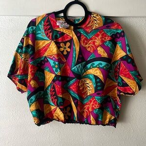 Vintage Caron II mixed media cinched waist cropped short sleeve blouse